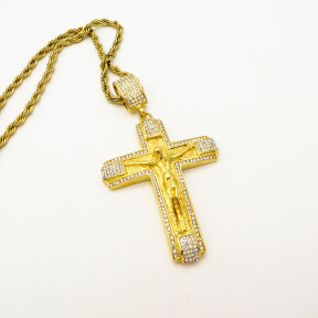 Stainless 304, Zirconia Jesus Crucifix Cross Pendant With Rope Chain Necklace,Golden Plating,L:90mm W:48mm, Chains :700mm,About: 59g/pc,1 pc / package,HHP00185akjl-360