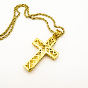 Stainless 304, Zirconia The Cross Pendant With Rope Chains Necklace,Golden Plating,L:82mm W:42mm, Chains :700mm,About: 56g/pc,1 pc / package,HHP00187akoo-360