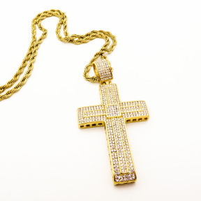 Stainless 304, Zirconia The Cross Pendant With Rope Chains Necklace,Golden Plating,L:82mm W:42mm, Chains :700mm,About: 56g/pc,1 pc / package,HHP00187akoo-360