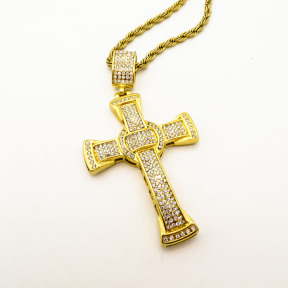 Stainless 304, Zirconia The Cross Pendant With Rope Chains Necklace,Golden Plating,L:87mm W:43mm, Chains :700mm,About: 56g/pc,1 pc / package,HHP00191akjl-360
