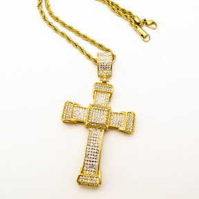 Stainless 304, Zirconia The Cross Pendant With Rope Chains Necklace,Golden Plating,L:86mm W:42mm, Chains :700mm,About: 51g/pc,1 pc / package,HHP00195vkla-360
