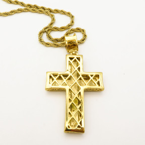 Stainless 304, Zirconia The Cross Pendant With Rope Chains Necklace,Golden Plating,L:80mm W:38mm, Chains :700mm,About: 57g/pc,1 pc / package,HHP00197vkkl-360