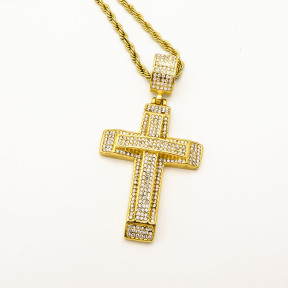 Stainless 304, Zirconia The Cross Pendant With Rope Chains Necklace,Golden Plating,L:80mm W:38mm, Chains :700mm,About: 57g/pc,1 pc / package,HHP00197vkkl-360
