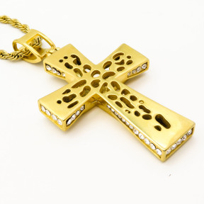 Stainless 304, Zirconia The Cross Pendant With Rope Chains Necklace,Golden Plating,L:83mm W:44mm, Chains :700mm,About: 68g/pc,1 pc / package,HHP00199akka-360