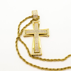 Stainless 304, Zirconia The Cross Pendant With Rope Chains Necklace,Golden Plating,L:83mm W:44mm, Chains :700mm,About: 68g/pc,1 pc / package,HHP00199akka-360