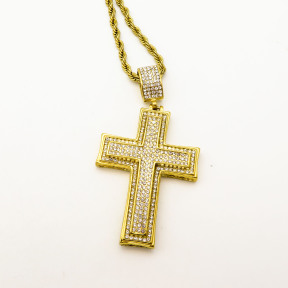 Stainless 304, Zirconia The Cross Pendant With Rope Chains Necklace,Golden Plating,L:43mm W:41mm, Chains :700mm,About: 58g/pc,1 pc / package,HHP00201akjl-360
