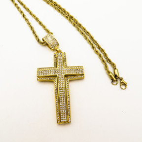 Stainless 304, Zirconia The Cross Pendant With Rope Chains Necklace,Golden Plating,L:93mm W:43mm, Chains :700mm,About: 57g/pc,1 pc / package,HHP00212akjl-360