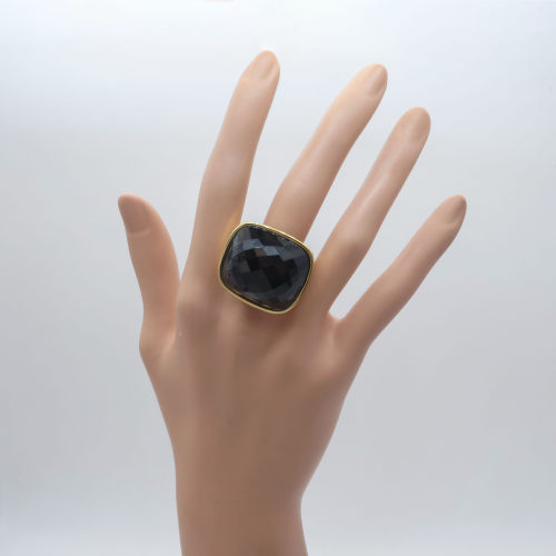 316L Stainless Steel And Black Glass Diamond,Hiphop Vitreous Stone Cut Ring,Golden Plating,Size: 7, Cubic:23mm*27mm,about 31g/pc,1 pc/pacekage,HHP00228vhov-360