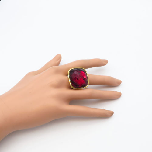 316L Stainless Steel And Red Glass  Diamond,Hiphop Vitreous Stone Cut Ring,Golden Plating,Size: 7, Cubic:23mm*27mm,about 29g/pc,1 pc/pacekage,HHP00240vhov-360