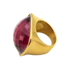 316L Stainless Steel And Red Glass  Diamond,Hiphop Vitreous Stone Cut Ring,Golden Plating,Size: 7, Cubic:23mm*27mm,about 29g/pc,1 pc/pacekage,HHP00240vhov-360