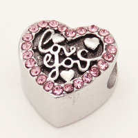 304 Stainless steel European Beads,Synthetic Cubic Zirconia,Heart,Pink,True Color,12mm,Hole:4.8mm,about 4g/pc,5 pcs/package,XBE00005aako-691