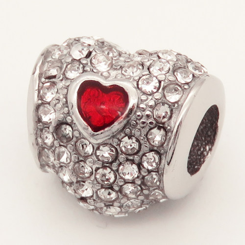 304 Stainless steel European Beads,Epoxy Resin,Enamel,Synthetic Cubic Zirconia,Heart,Red,White,True Color,10*11mm,Hole:4.8mm,about 3.5g/pc,5 pcs/package,XBE00008aakl-691