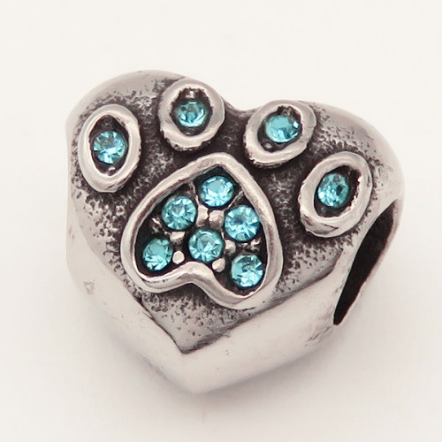 304 Stainless steel European Beads,Synthetic Cubic Zirconia,Heart,Dog Paw,Blue,True Color,10*11mm,Hole:4.5mm,about 3g/pc,5 pcs/package,XBE00011baka-691