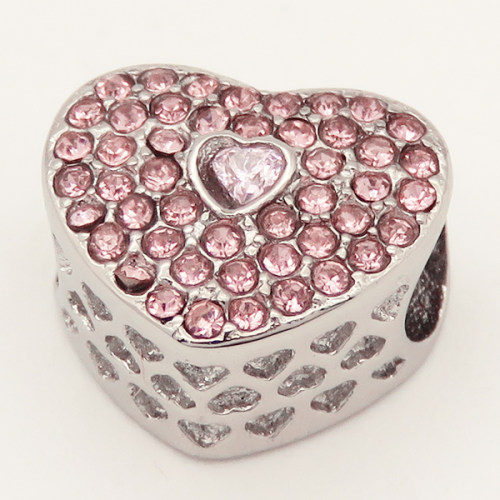 304 Stainless steel European Beads,Synthetic Cubic Zirconia,Heart,Pink,True Color,10*12mm,Hole:4.8mm,about 2.5g/pc,5 pcs/package,XBE00026ablb-691