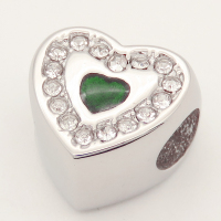 304 Stainless steel European Beads,Epoxy Resin,Enamel,Synthetic Cubic Zirconia,Heart,Green,White,True Color,11mm,Hole:5mm,about 3g/pc,5 pcs/package,XBE00051baka-691