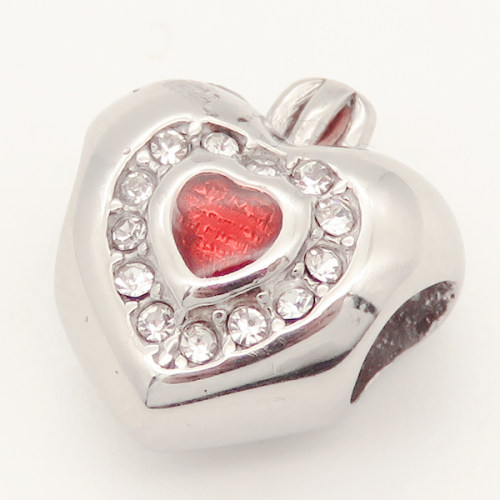 304 Stainless steel European Beads,Epoxy Resin,Enamel,Synthetic Cubic Zirconia,Heart,Red,White,True Color,12*11.5mm,Hole:4mm,about 2.5g/pc,5 pcs/package,XBE00094aakl-691