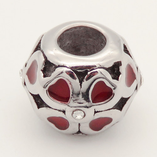 304 Stainless steel European Beads,Epoxy Resin,Enamel,Synthetic Cubic Zirconia,Round,Heart,Red,White,True Color,9*10mm,Hole:4.5mm,about 3g/pc,5 pcs/package,XBE00110aajo-691