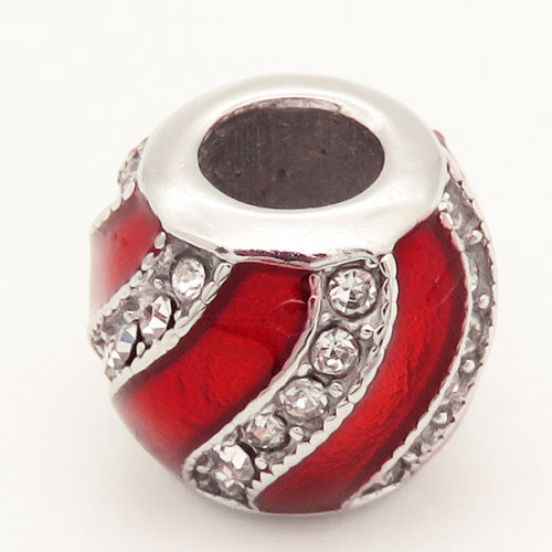 304 Stainless steel European Beads,Epoxy Resin,Enamel,Synthetic Cubic Zirconia,Round,Red,White,True Color,9*10mm,Hole:5mm,about 1.5g/pc,5 pcs/package,XBE00117aako-691
