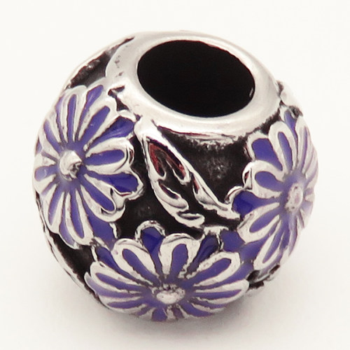 304 Stainless steel European Beads,Epoxy Resin,Enamel,Round,Daisy,Purple,True Color,9*10mm,Hole:4.5mm,about 3g/pc,5 pcs/package,XBE00120aajl-691