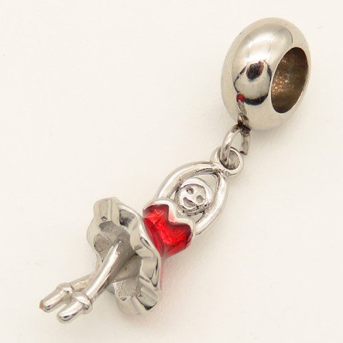 304 Stainless steel European Beads,Epoxy Resin,Enamel,Dancing girl,Red,True Color,18.5*8mm,Hole:5mm,about 1.5g/pc,5 pcs/package,XBE00125ablb-691