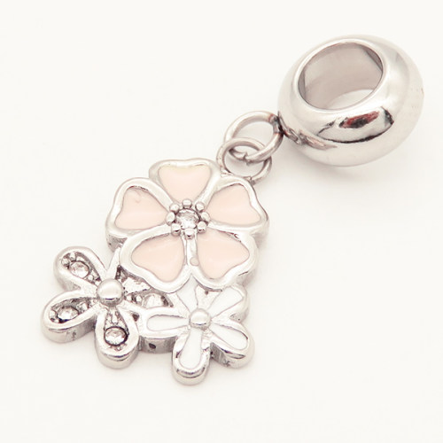 304 Stainless steel European Beads,Epoxy Resin,Enamel,Synthetic Cubic Zirconia,Flower,Pink,White,True Color,16*11mm,Hole:5mm,about 2g/pc,5 pcs/package,XBE00139aako-691