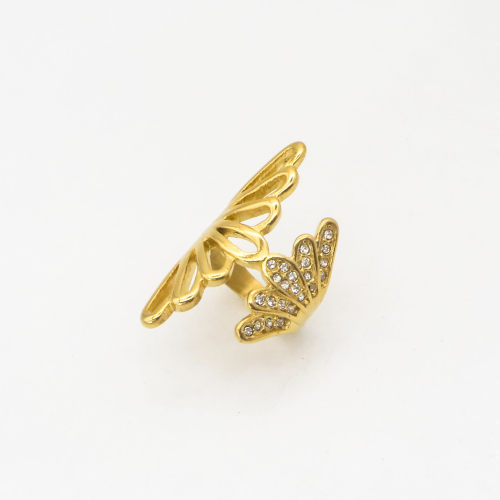 316L Stainless Steel and Zirconia Lotus Leaf Ring,Gold plating,Size 7,about 9g/pc,1 pc/package,HHP00375bhjl-360