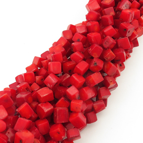 Natural Red Coral,Cube,Dyed,Red,9*9mm,Hole:1mm,about 54pcs/strand,about 30g/strand,5 strands/package,17"(43cm),XBGB01973ahlv-L001
