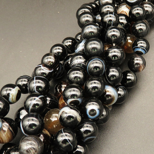 Natural Agate,Striped Agate,Round,Dyed,Black,10mm,Hole:1mm,about 38pcs/strand,about 55g/strand,5 strands/package,15"(38cm),XBGB03885bhia-L001