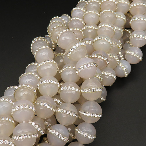 Natural Agate & Rhinestone,Round,Faceted,Dyed,Light Grey,14mm,Hole:1.5mm,about 27pcs/strsnd,about 110g/strand,5 strands/package,15"(38cm),XBGB04269ajoa-L001