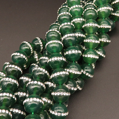 Natural Agate & Rhinestone,Round,Dyed,Green,12mm,Hole:1mm,about 32pcs/strsnd,about 80g/strand,5 strands/package,15"(38cm),XBGB04281ajoa-L001