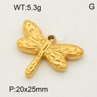 304 Stainless Steel Pendant & Charms,Dragonfly,Polished,Vacuum plating gold,20x25mm,about 4.8g/pc,5 pcs/package,PP4000132aaio-900