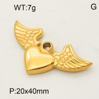 304 Stainless Steel Pendant & Charms,Wings Heart,Hand polished,Vacuum plating gold,20x40mm,about 2.5g/pc,5 pcs/package,PP4000136aajl-900
