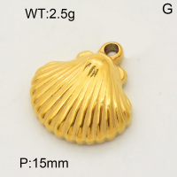 304 Stainless Steel Pendant & Charms,Shell,Polished,Vacuum plating gold,15mm,about 7.7g/pc,5 pcs/package,PP4000170aaho-900