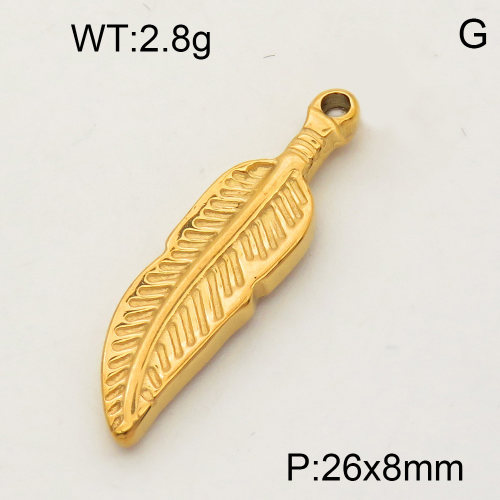 304 Stainless Steel Pendant & Charms,Feather,Polished,Vacuum plating gold,8x26mm,about 2.6g/pc,5 pcs/package,PP4000188aaho-900