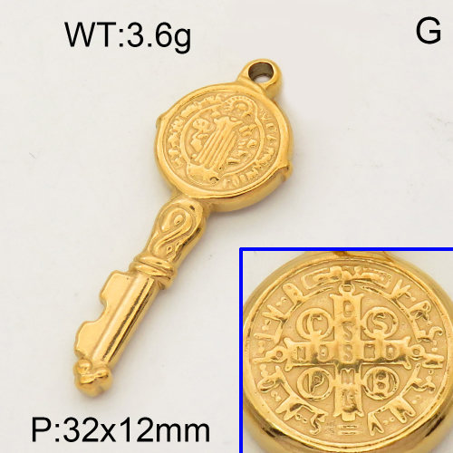304 Stainless Steel Pendant & Charms,Faith key,Polished,Vacuum plating gold,12x32mm,about 7.2g/pc,5 pcs/package,PP4000190vail-900