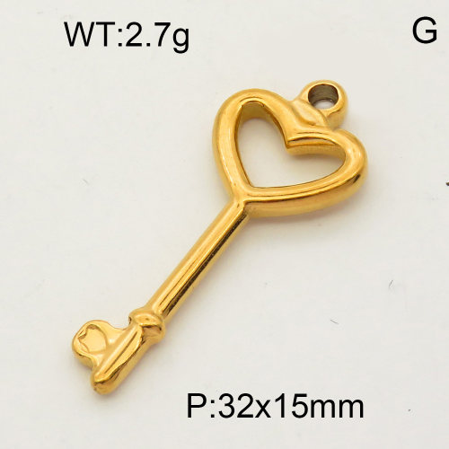 304 Stainless Steel Pendant & Charms,Heart key,Polished,Vacuum plating gold,15x32mm,about 1.1g/pc,5 pcs/package,PP4000192aaio-900
