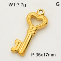 304 Stainless Steel Pendant & Charms,Heart key,Polished,Vacuum plating gold,17x35mm,about 3.5g/pc,5 pcs/package,PP4000194aaij-900