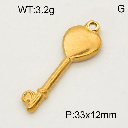 304 Stainless Steel Pendant & Charms,Heart key,Polished,Vacuum plating gold,12x33mm,about 3.1g/pc,5 pcs/package,PP4000303vail-900