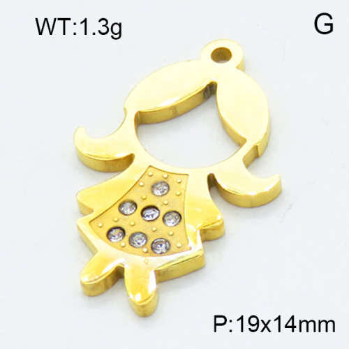 304 Stainless Steel Pendant & Charms,Rhinestone,Girl,Polished,Vacuum plating gold,14x19mm,about 1.3g/pc,5 pcs/package,3AC301156aahp-906