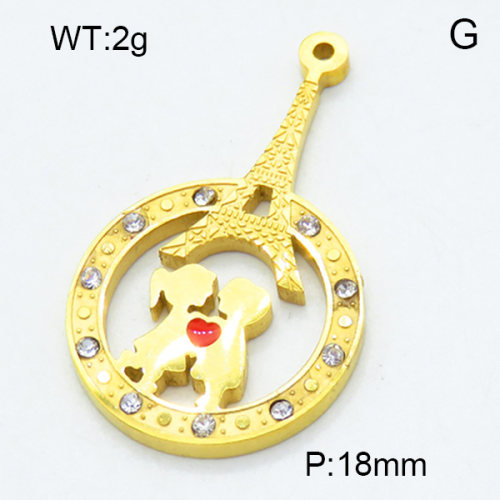 304 Stainless Steel Pendant & Charms,Rhinestone,Epoxy,Boy and Girl,Iron tower,Polished,Vacuum plating gold,Red,18mm,about 2.0g/pc,5 pcs/package,3AC301162avja-906