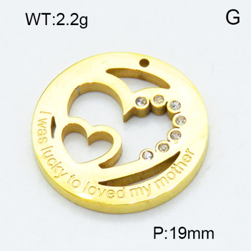 304 Stainless Steel Pendant & Charms,Rhinestone,Heart,Polished,Vacuum plating gold,19mm,about 2.2g/pc,5 pcs/package,3AC301164vaii-906