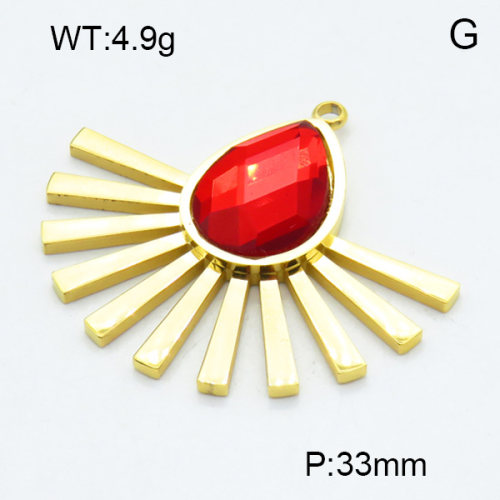 304 Stainless Steel Pendant & Charms,Glass,European and American style design,Polished,Vacuum plating gold,Red,33mm,about 4.9g/pc,5 pcs/package,3AC301196aajk-906