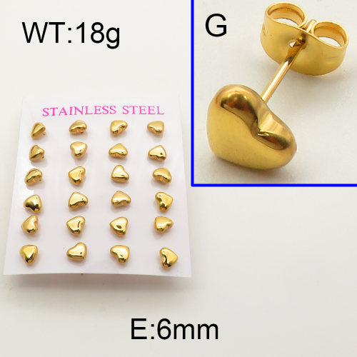 304 Stainless Steel Ear Studs,Heart,Polished,Vacuum plating gold,6mm,about 18.0g/package,12 pairs/package,3E2002009vivk-900