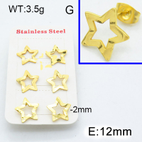 304 Stainless Steel Ear Studs,Embossed Frame star,Polished,Vacuum plating gold,E:12mm,Side width:2mm,about 3.5g/package,3 pairs/package,3E2003805bbln-906