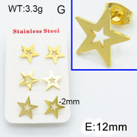 304 Stainless Steel Ear Studs,Frame star,Polished,Vacuum plating gold,E:12mm,Side width:2mm,about 3.3g/package,3 pairs/package,3E2003807aakl-906