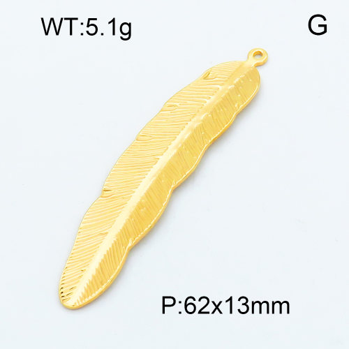 304 Stainless Steel Pendant & Charms,Feather,Polished,Vacuum plating gold,13x62mm,about 5.1g/pc,5 pcs/package,3P2002366aajm-906