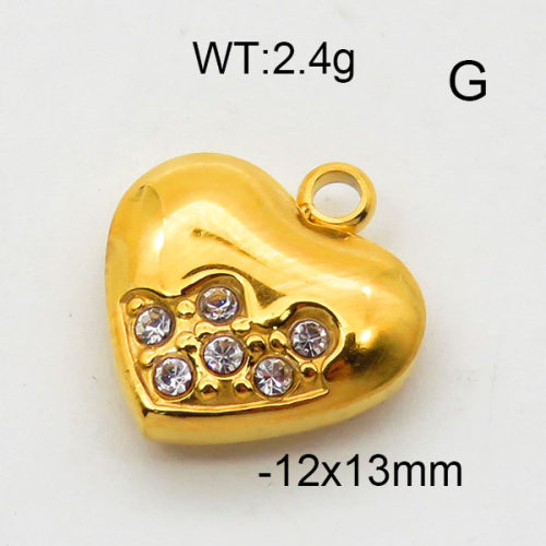 304 Stainless Steel Pendant & Charms,Rhinestone,Heart,Polished,Vacuum plating gold,12x13mm,about 2.4g/pc,5 pcs/package,6AC300472aaho-906