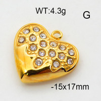 304 Stainless Steel Pendant & Charms,Rhinestone,Heart,Polished,Vacuum plating gold,15x17mm,about 4.3g/pc,5 pcs/package,6AC300474vail-906