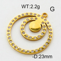 304 Stainless Steel Pendant & Charms,Rhinestone,Double ring,Polished,Vacuum plating gold,23mm,about 2.2g/pc,5 pcs/package,6AC300476aakl-906
