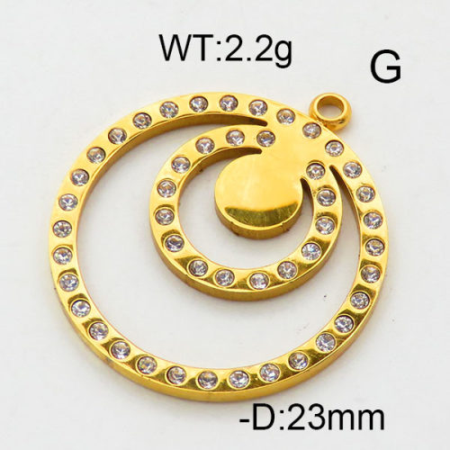 304 Stainless Steel Pendant & Charms,Rhinestone,Double ring,Polished,Vacuum plating gold,23mm,about 2.2g/pc,5 pcs/package,6AC300476aakl-906